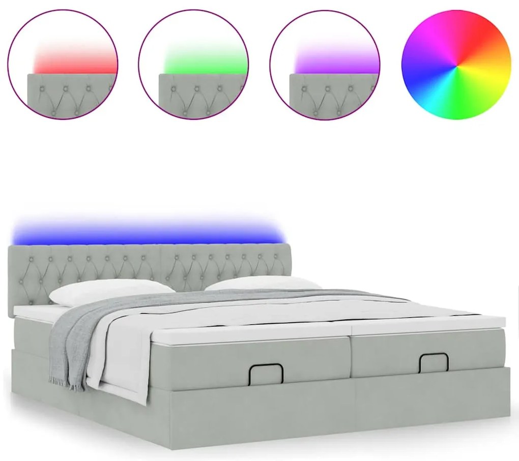 Estrutura cama otomana colchões 200x200cm veludo cinzento claro