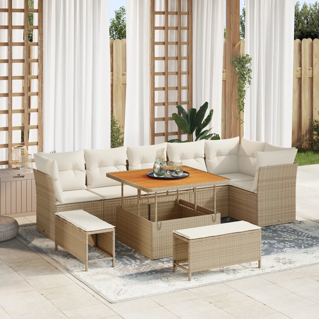 Conjunto de Sofá de Jardim vidaXL 9 Peças com Almofadas Bege Polirratã Acácia