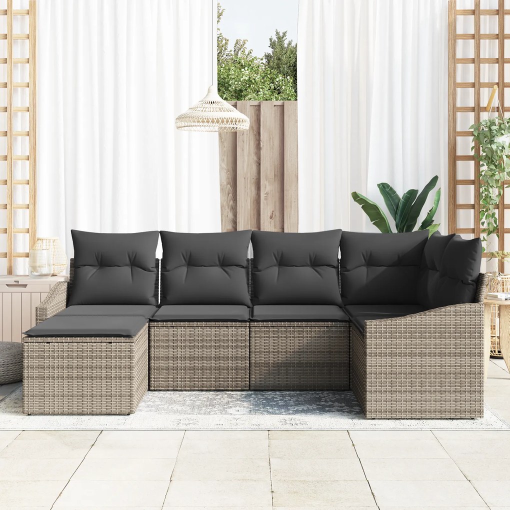 Conjunto de Jardim de 6 Peças com Almofadas Cinzas em Rattan