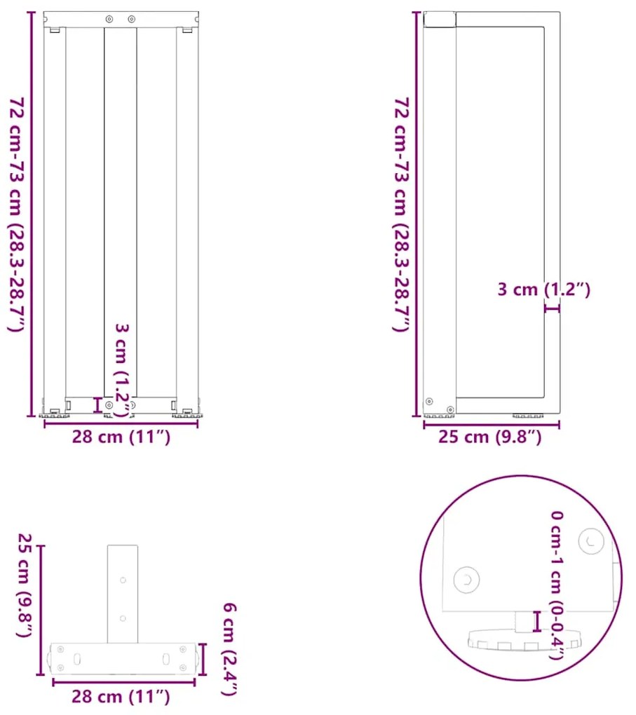 Pés de mesa de console em forma de T, 2 peças, preto, 25x28x(72-73) cm