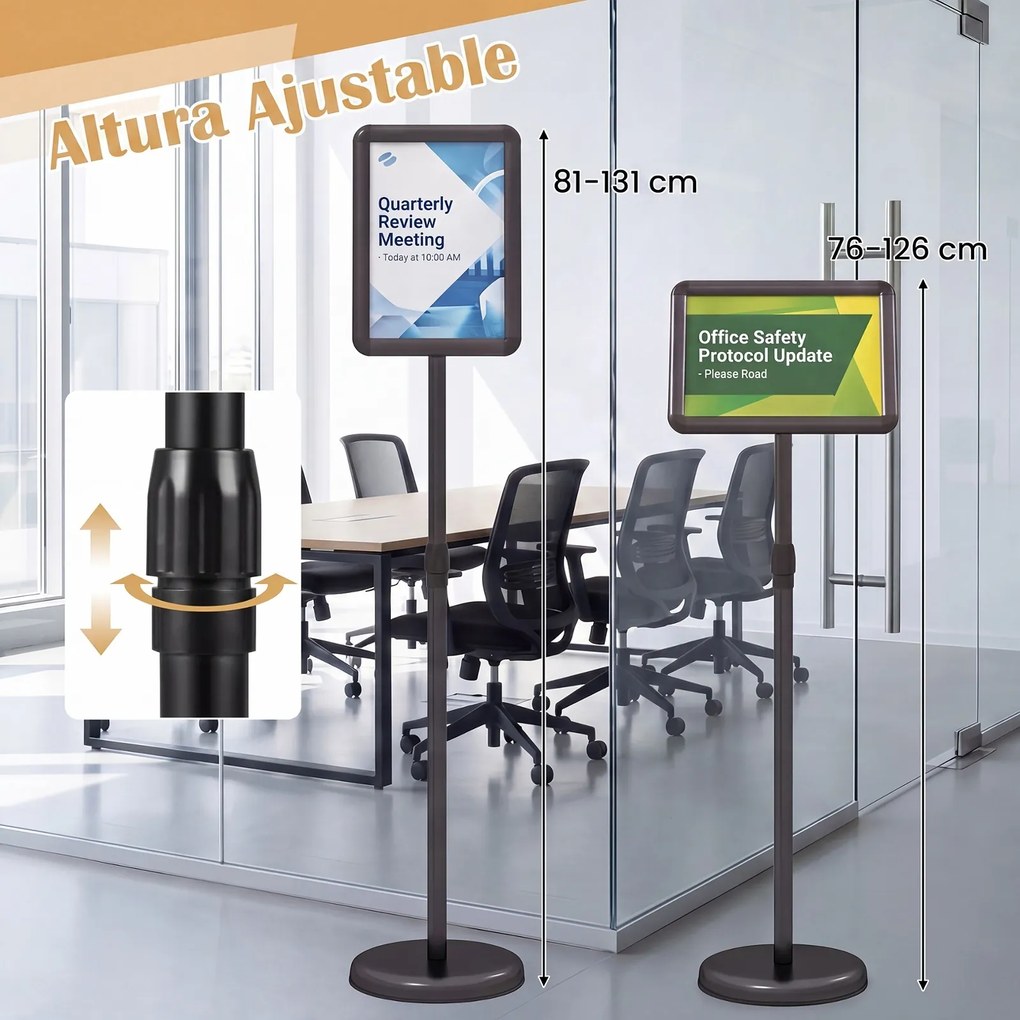Suporte de Chão (1 Unidade) para Cartazes A4, 30 x 21 x 81-131 cm, Altura Ajustável, Preto