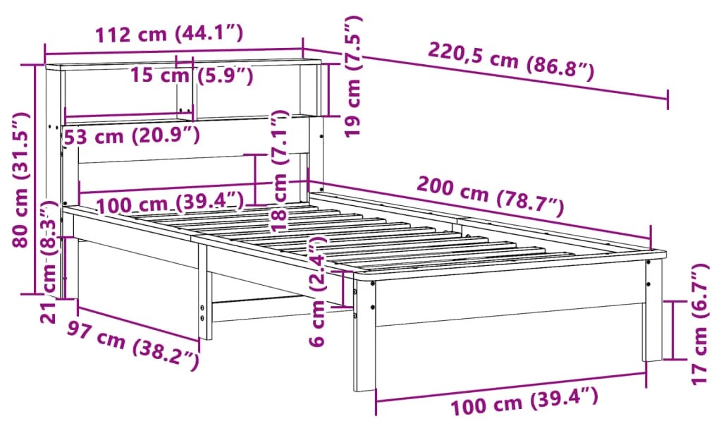 Cama com estante sem colchão 100x200 cm pinho maciço branco