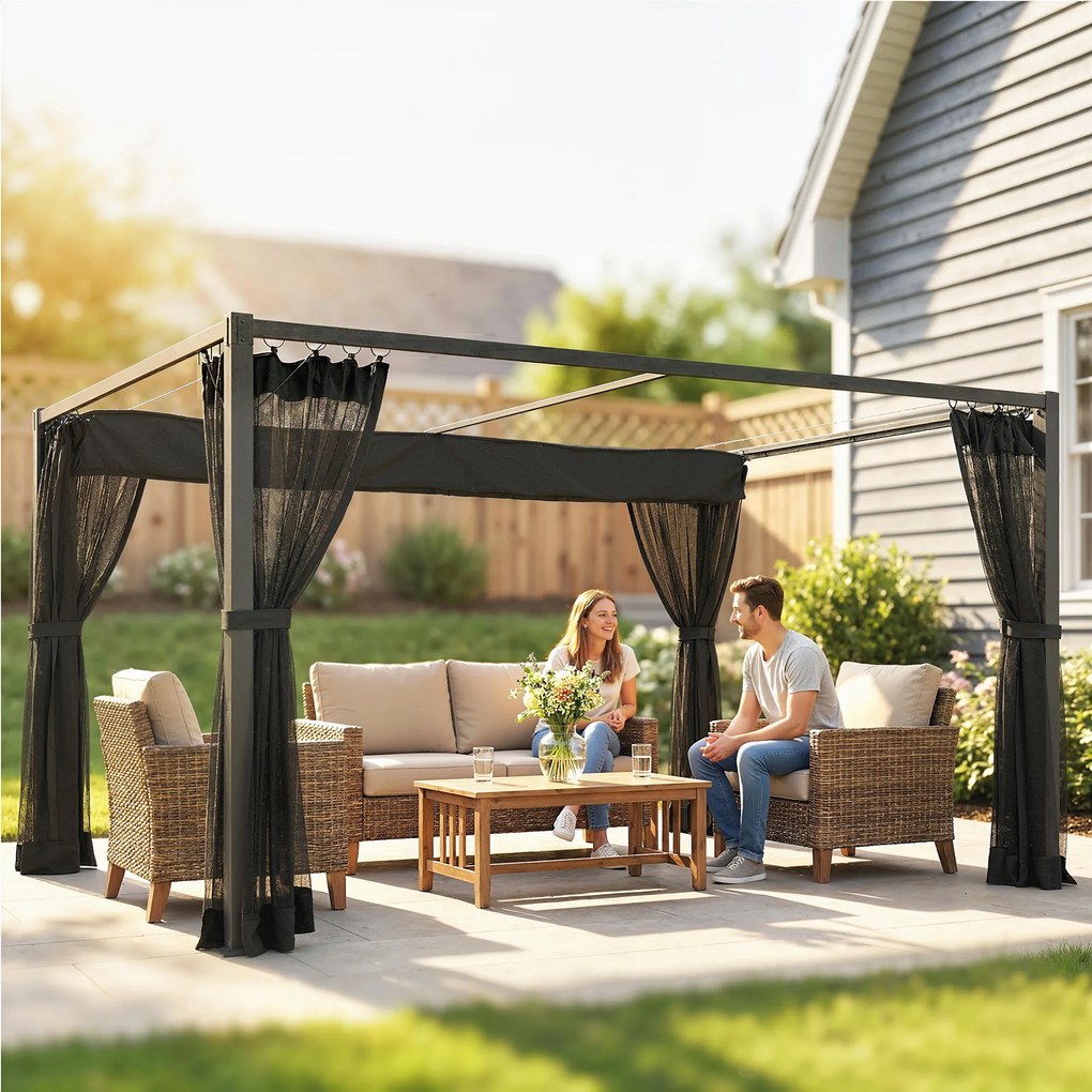 Pérgola de Jardim 3x4 m com Teto Retrátil e 4 Laterais em Rede UPF30+ Pérgola para Exterior Terraço Cinza