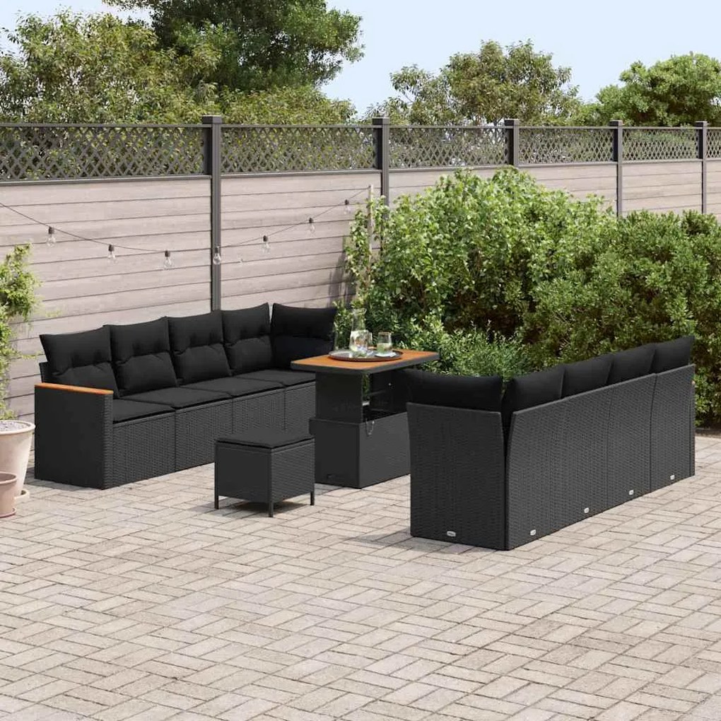 Conjunto de Sofá de Jardim de 11 Peças com Almofadas Preto Rattan Poli