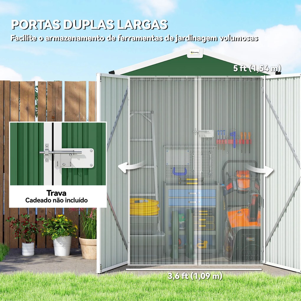 Abrigo de Jardim Exterior 1,1 m² 133x87x178 cm com 2 Portas de Correr Telhado Inclinado e Luvas Verde