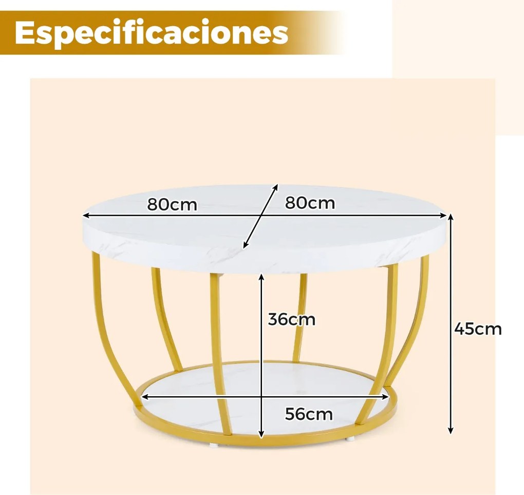 Mesa de centro redonda 80 cm de 2 níveis com arrumação com Estrutura metálica para sala de estar Branca