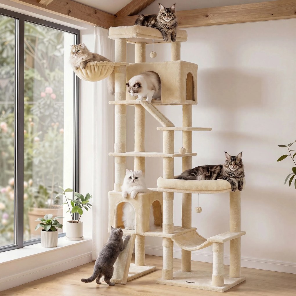 Grande arranhador para gatos 105 x 45 x 202 cm, com 6 áreas de descanso e troncos de sisal em bege
