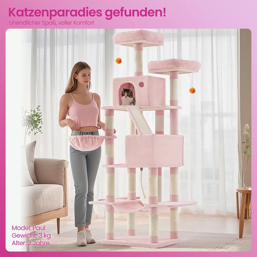 Arranhador para gatos 206 cm de altura, com 13 colunas para arranhar rosa