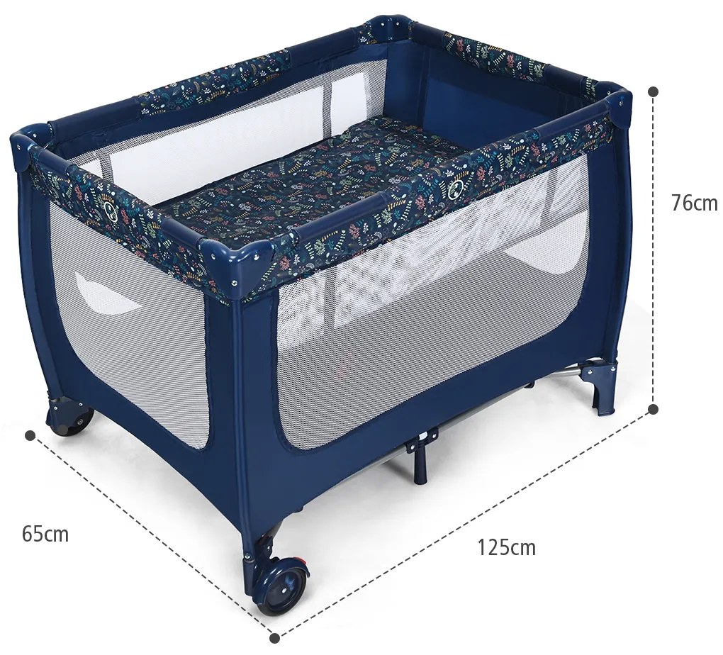Berço infantil portátil dobrável com 2 rodas com centro de actividade 125 x 65 x 76 cm Azul