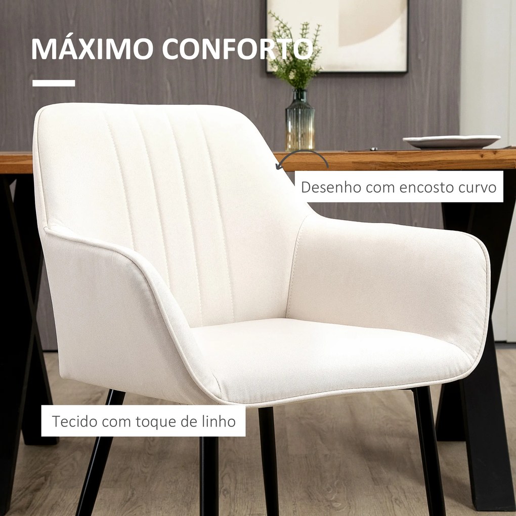 Conjunto de 2 Cadeiras de Sala de Jantar Estofadas em Linho com Encosto e Pés de Metal 59,5x56,5x81 cm Bege Claro