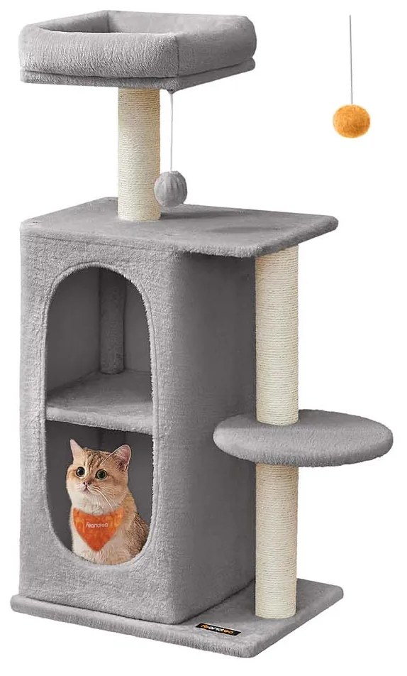 Árvore para gatos pequena com 2 cavernas e 1 plataforma cinza claro