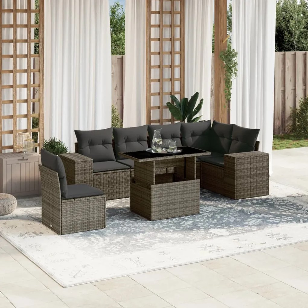 7 pcs conjunto sofás p/ jardim c/ almofadões vime PE cinzento