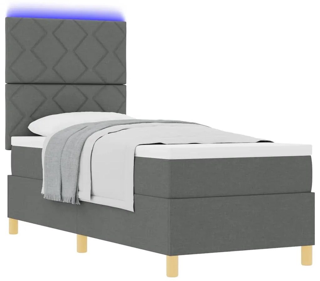 Cama Box Spring com Colchão &amp; LED Cinza Escuro 80x200 cm Tecido