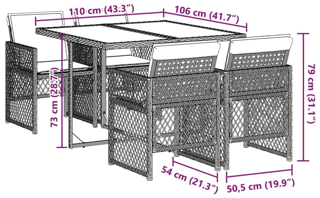 5 pcs conjunto de jantar p/ jardim c/ almofadões vime PE cinza