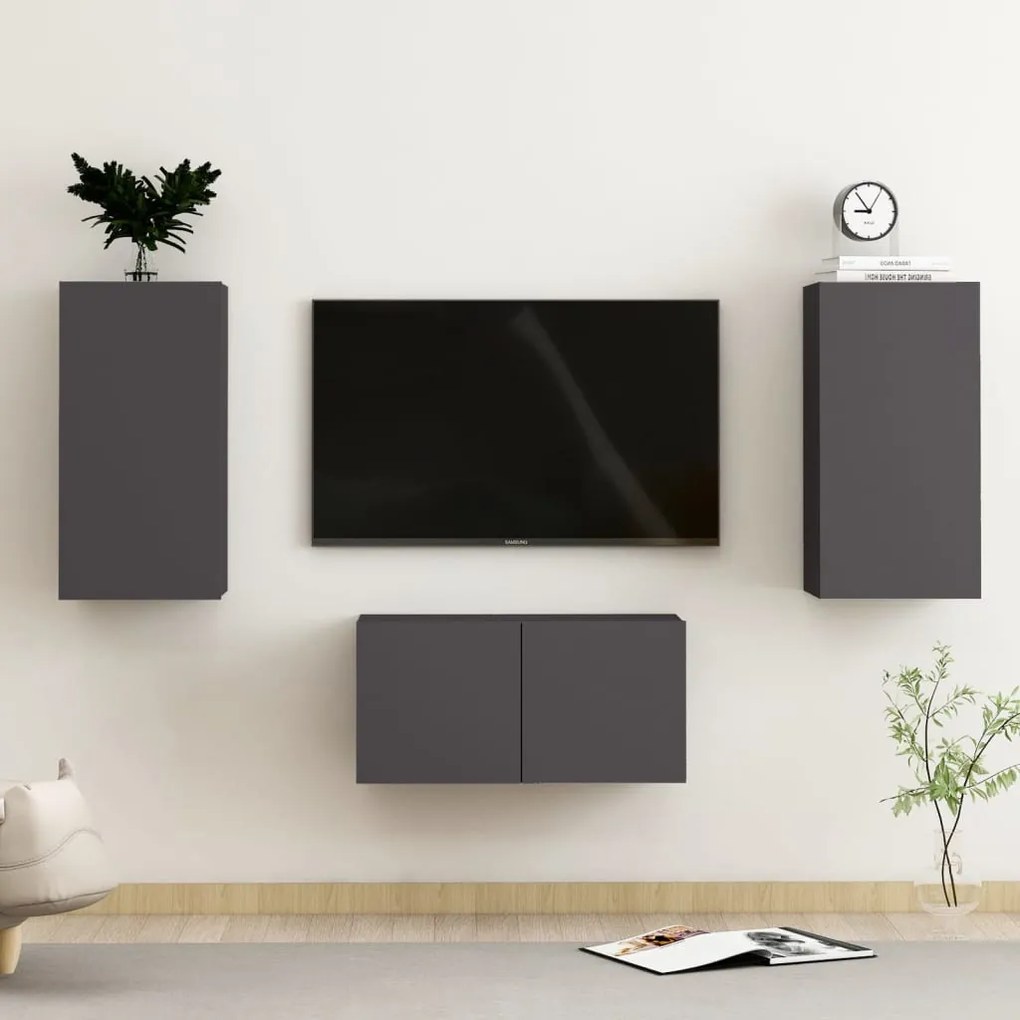 vidaXL 3 pcs conjunto de móveis de TV contraplacado cinzento