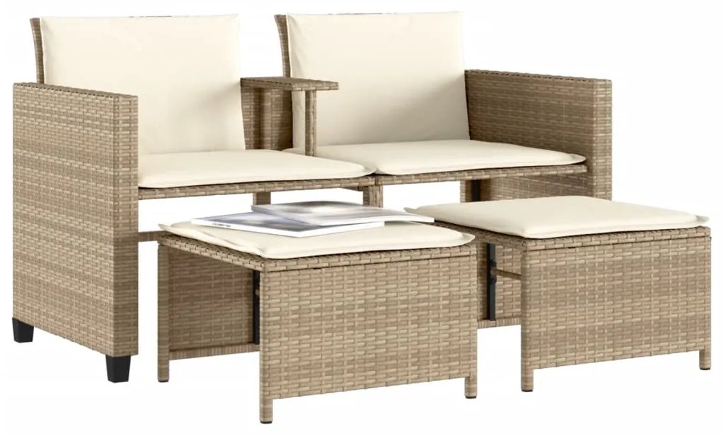 Sofá de jardim de 2 lugares com mesa e bancos vime PE bege