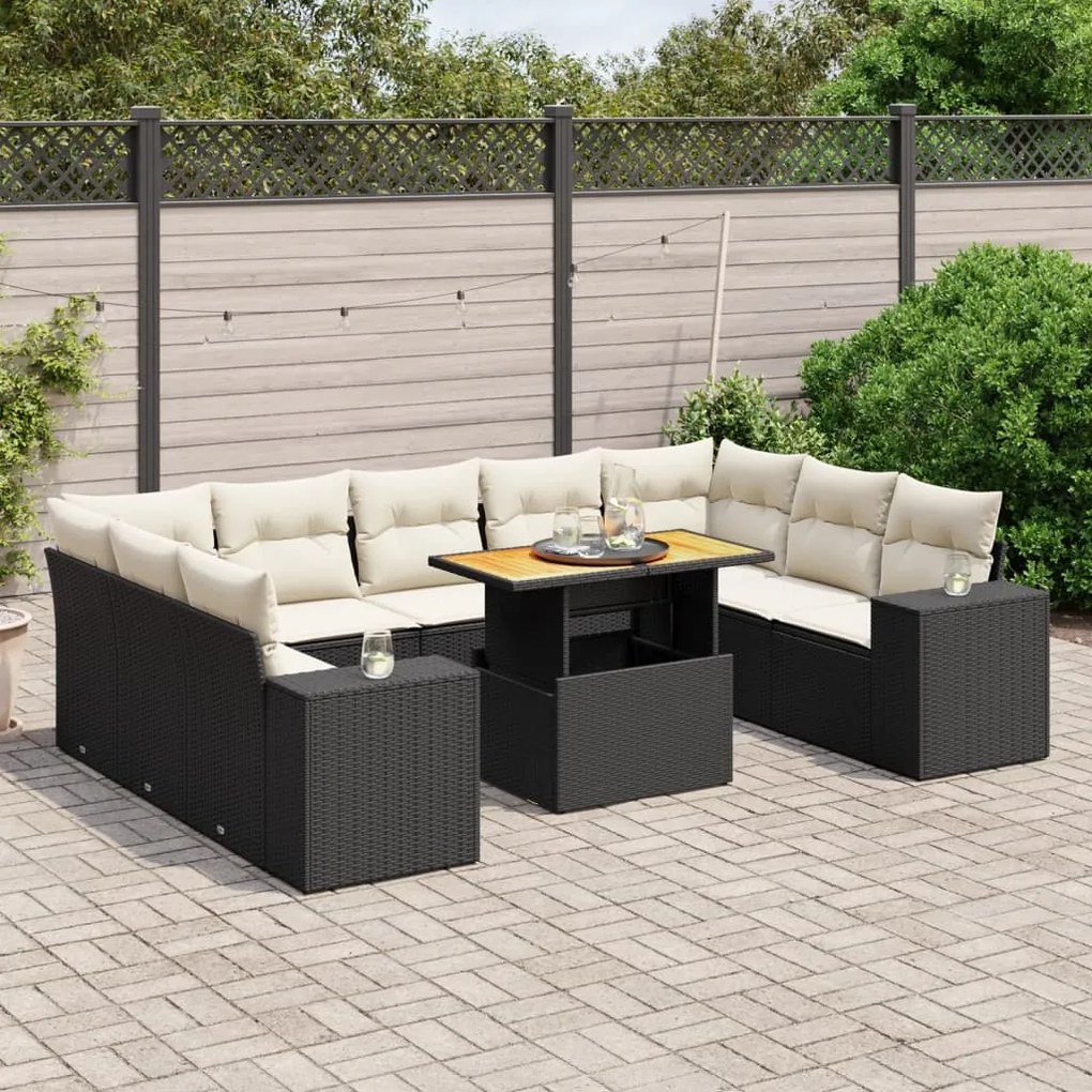 10 pcs conjunto sofás de jardim c/ almofadões vime PE preto