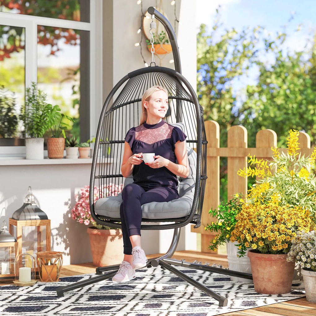 Cadeira Suspensa Tipo Ovo com Estrutura, Cesta Dobrável Almofada e Apoio de Cabeça para Interior e Exterior Suporta 150 kg Cinzento