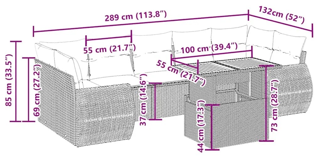 8 pcs conjunto de sofás p/ jardim com almofadões vime PE bege