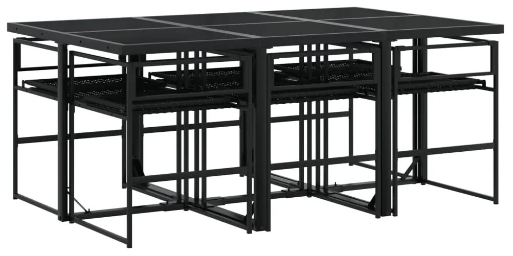 7 pcs conjunto de jantar p/ jardim c/ almofadões vime PE preto