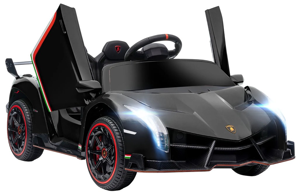 HOMCOM Carro Elétrico Lamborghini 12V Velocidade Máxima 7 km/h com Controlo Remoto MP3 Luzes e Cinto de Segurança 111x61x45 cm Preto | Aosom Portugal