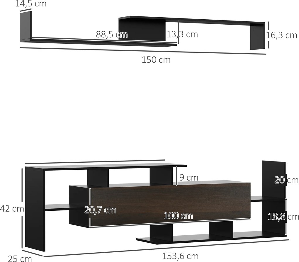 Móvel de TV Moderno Móvel para Televisores 153,6x25x42cm e Prateleira superior de Parede 150x14,5x16,3 cm Preto