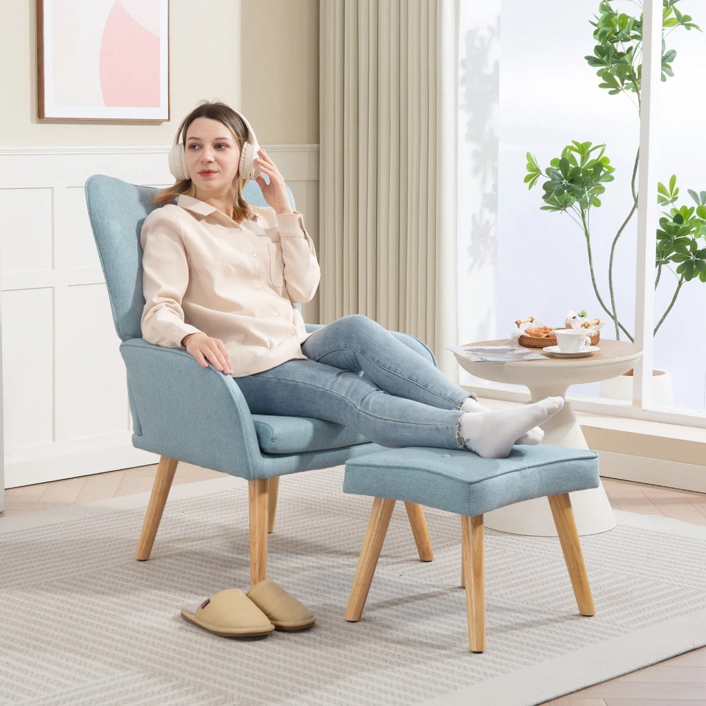 Poltrona com Apoio para Pés Poltrona de Leitura com Capitonê Pés de Madeira e Revestimento em Linho 70x72x94 cm Azul Claro