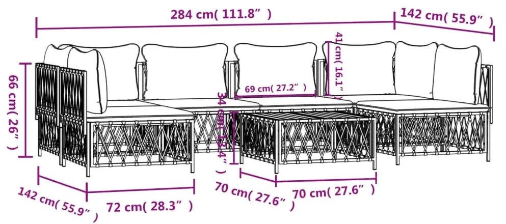 7 pcs conjunto lounge de jardim com almofadões aço branco