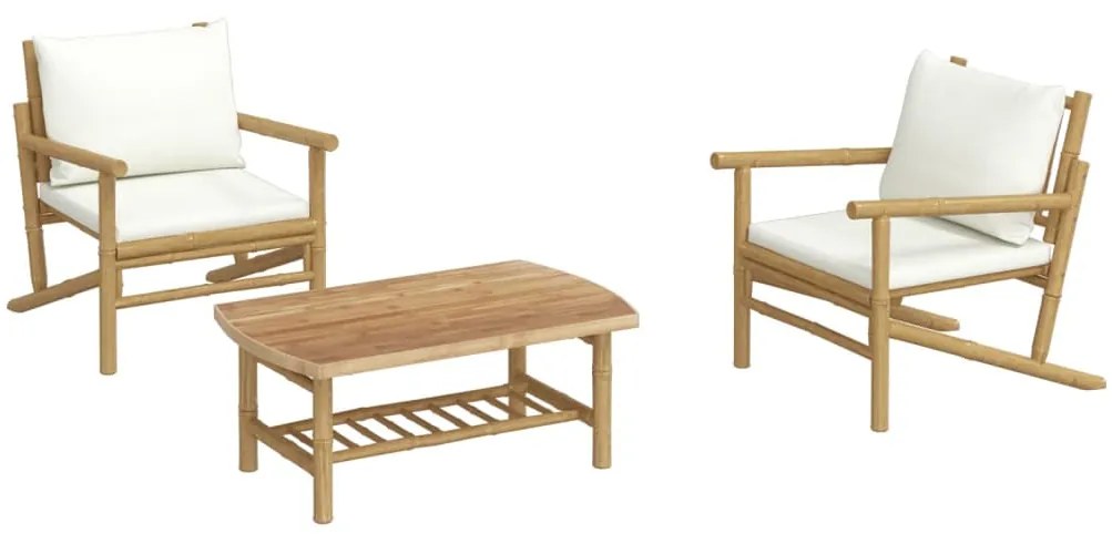 3 pcs conjunto lounge de jardim bambu c/ almofadões branco nata