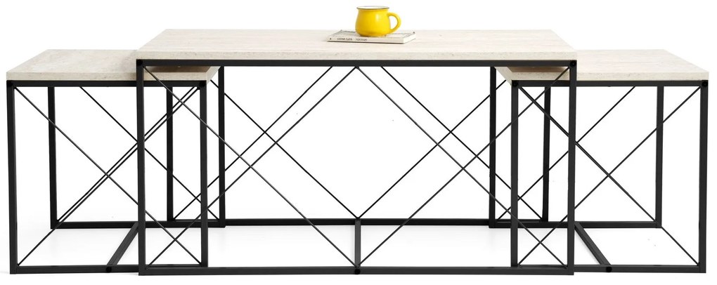 **** Conjunto de Mesas de Centro Defne – Preto Travertino – 100x52x50
