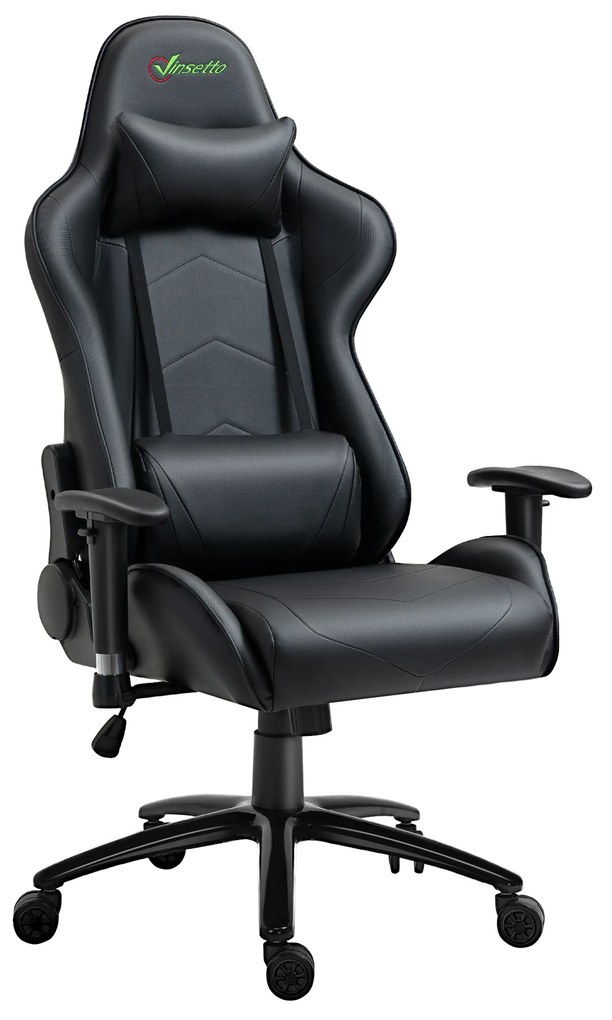 Cadeira de Gaming Ergonômica Giratória com Altura Ajustável Apoio para os Braços Apoio para a Cabeça e Almofada Lombar Couro Sintético 73x71x128-136cm