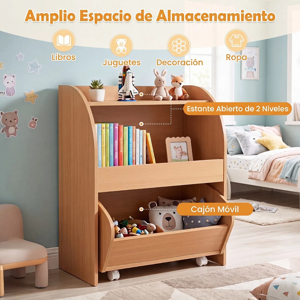 Móvel de Arrumação Infantil, 50 x 29 x 61,5 cm, Gaveta com Rodas, Natural