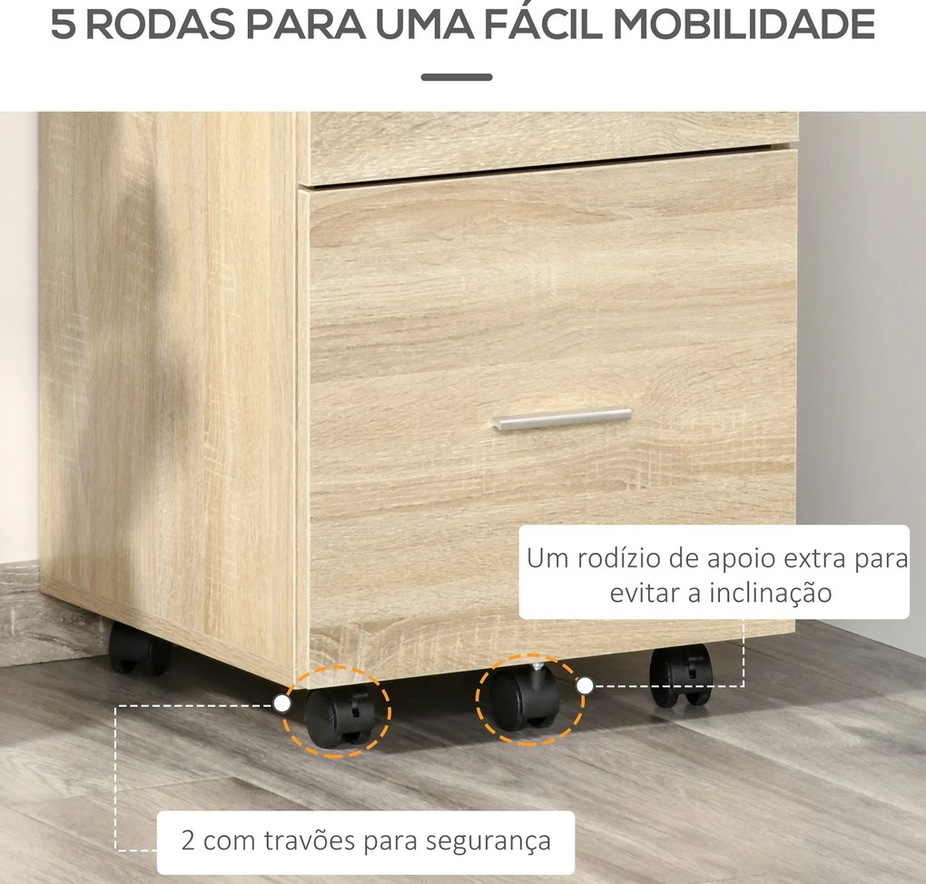 Bloco de Gaveta para Escritório com 2 Compartimentos com Rodas Arquivador Móvel para Arquivos A4 ou Documentos 39,5x39x58,5 cm Carvalho