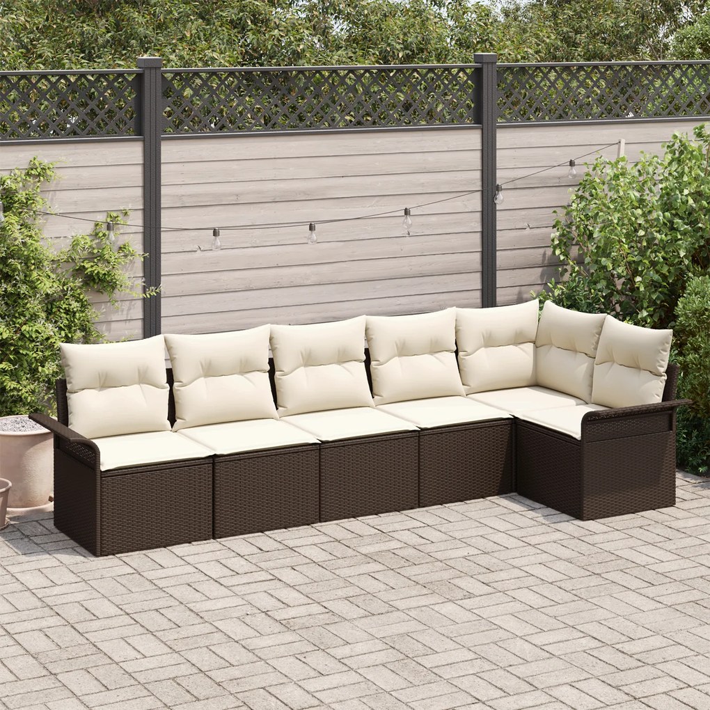 Conjunto de Sofás de Jardim de 6 Peças com Almofadas Castanho Rattan P