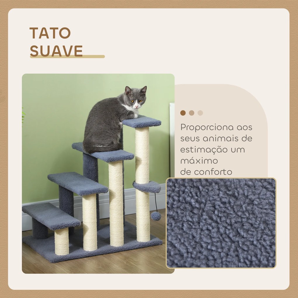Arranhador para Gatos de 4 Níveis Escada para Animais de Estimação Revestida com Franela Suave Poste de Sisal Bola Suspensa 60x40x64 cm Cinzento
