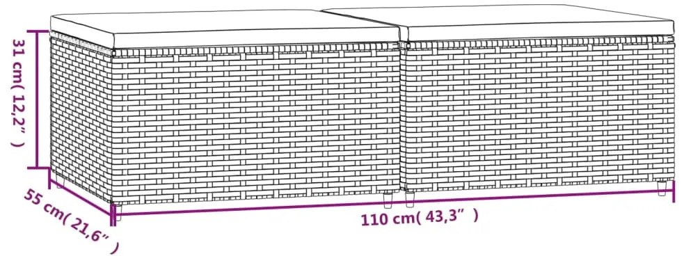 Apoios de pés para jardim com almofadões 2 pcs vime PE castanho
