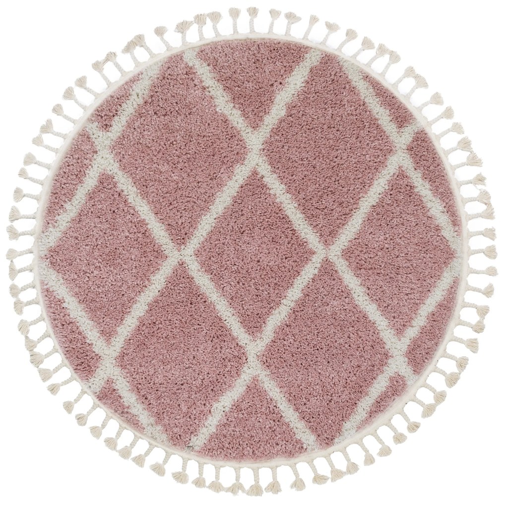 Tapete BERBER TROIK A0010 redondo cor de rosa/branco Franjas berbere marroquino shaggy