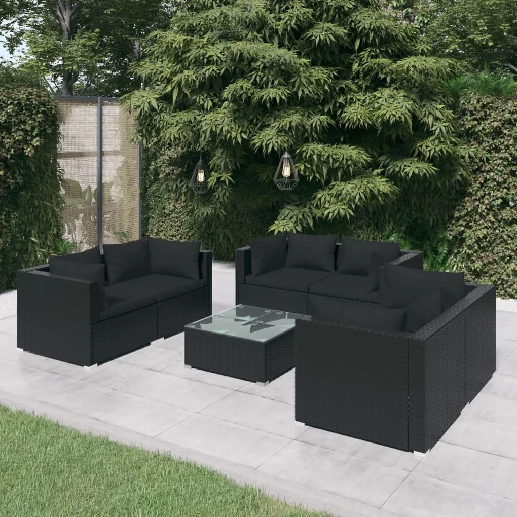 vidaXL 7 pcs conjunto lounge de jardim c/ almofadões vime PE preto