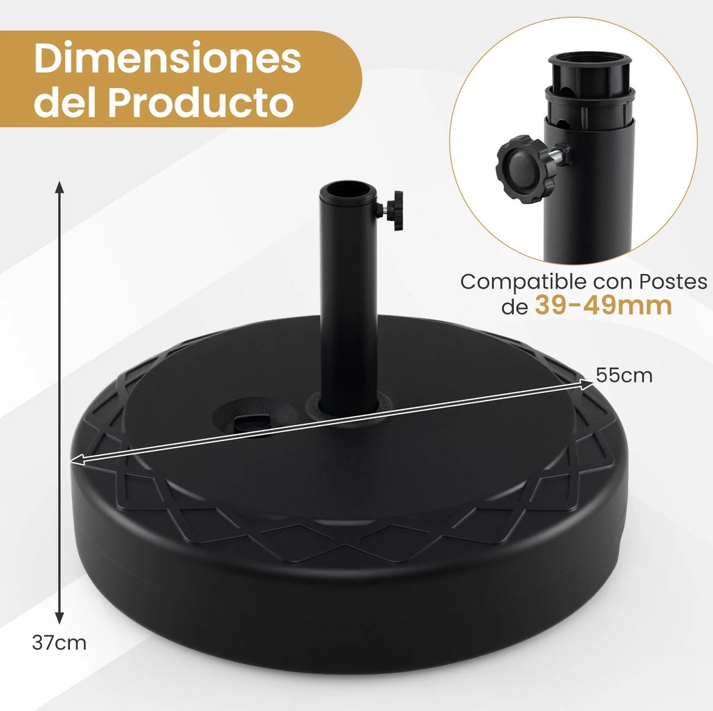 Base para guarda-sol em HDPE recheável de 52 kg com 2 adaptadores para postes redondos de 39/49 mm – Exterior, jardim, terraço, pátio, piscina Preto