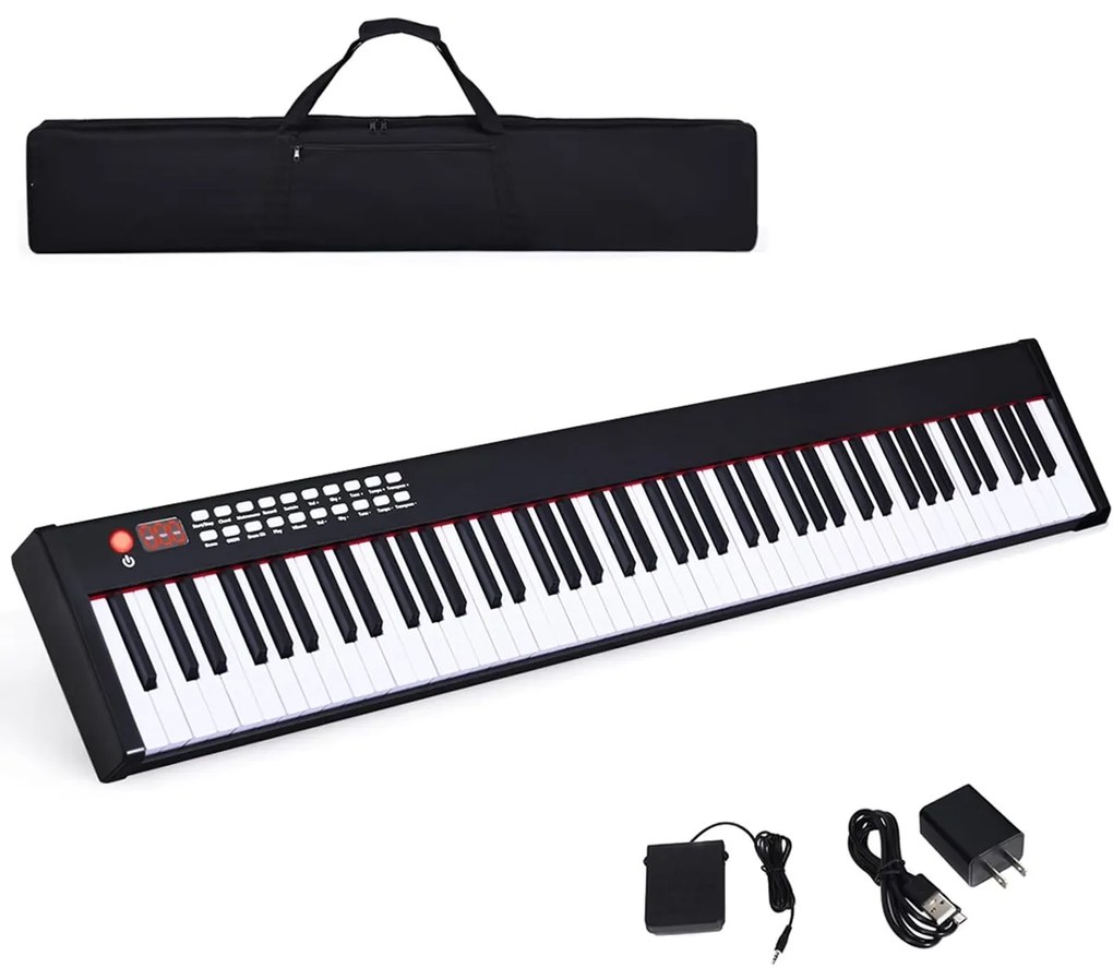 Piano digital de 88 teclas com função Bluetooth Piano eletrónico para principiantes com pedal de sustain 127 x 21,5 x 6,5 cm Preto