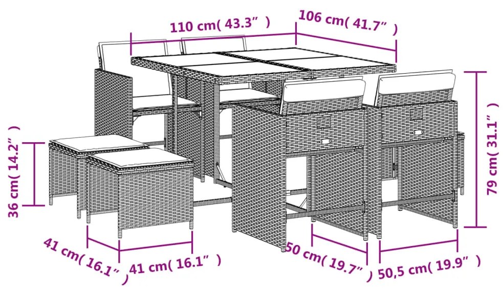 9 pcs conjunto de jantar p/ jardim c/ almofadões vime PE cinza