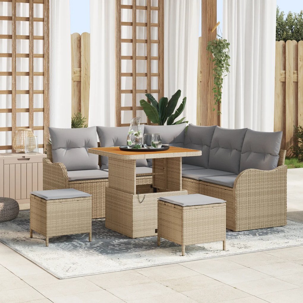 vidaXL Conjunto de Sofá de Jardim com 8 Peças e Almofadas Bege Rattan Poliéster Acácia