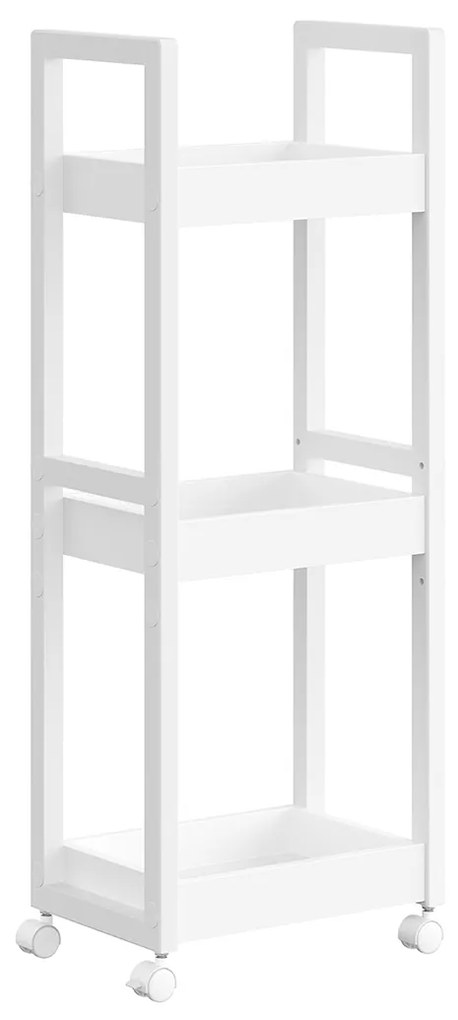 SONGMICS Unidade de armazenamento de prateleira pequena sobre rodas, carrinho de banheiro, prateleira de cozinha fina, organizador de armazenamento de 3 níveis, bambu, economiza espaço, 20 x 30 x 80 cm, branco BCB083W01