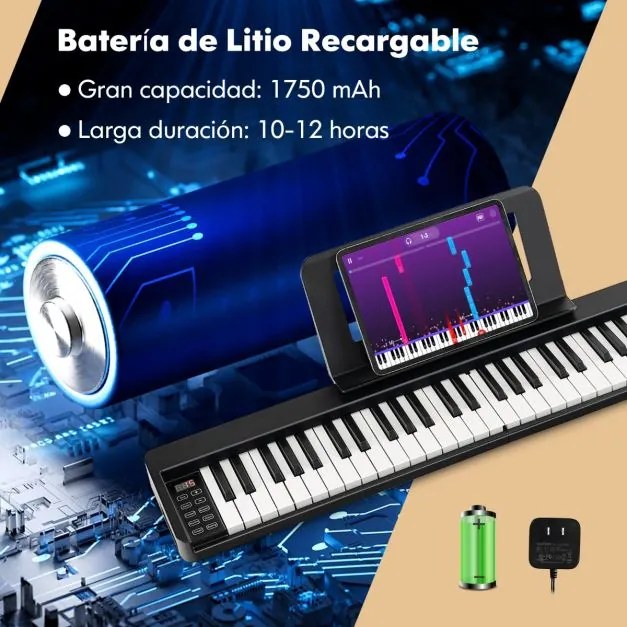 Teclado para piano dobrável de 61 teclas Piano elétrico portátil de 61 teclas com suporte Pedal de sustentação MIDI 90 x 13 x 5,5 cm Preto