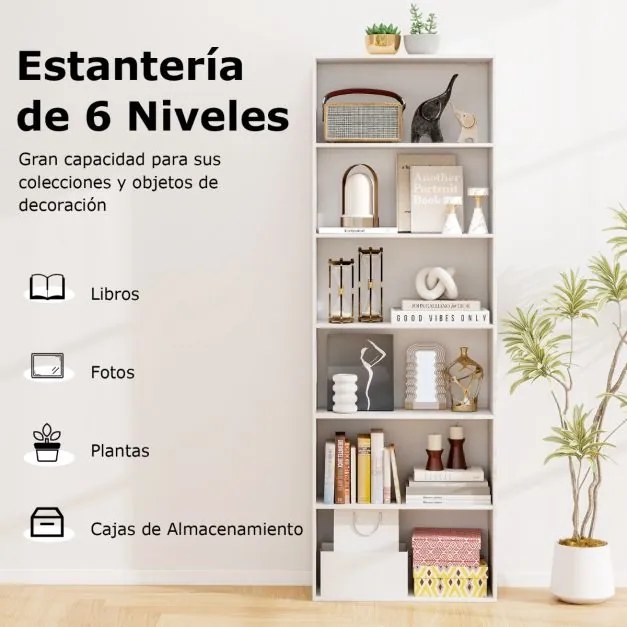 Estante aberta de 6 níveis 60 x 23,5 x 178 cm moderna para sala, quarto ou escritório Branco