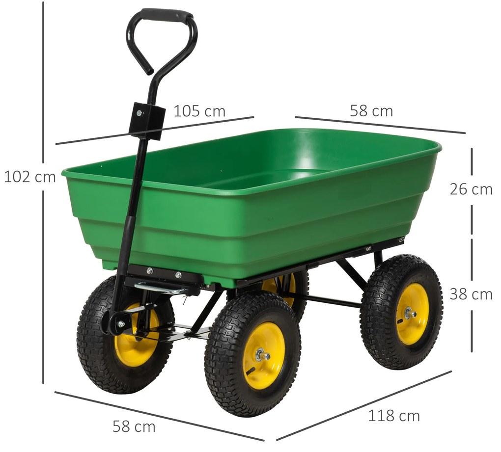 Carrinho de Jardim com Balde Inclinável até 75° Carrinho de Mão com Guiador Ajustável e Capacidade 125L 118x58x102 cm Verde Escuro