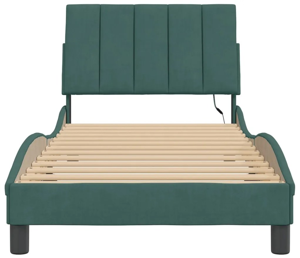 Estrutura de cama c/ luzes LED 90x200 cm veludo verde-escuro