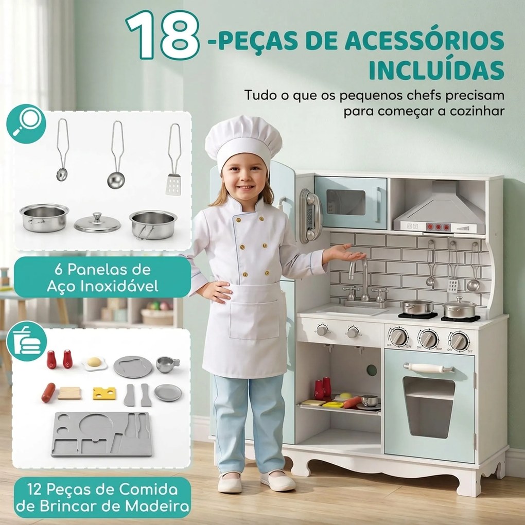 Cozinha de Madeira com Luzes e Sons, Exaustor, Dispensador de Água, Máquina de Café, Frigorífico e Forno