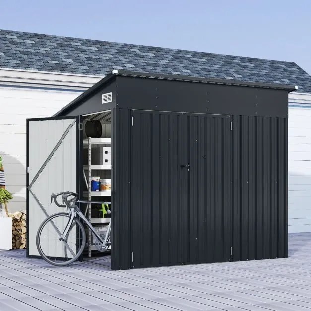 Abrigo de jardim 235 x 174 x 197 cm com 3 portas, fechadura e telhado inclinado em aço galvanizado para ferramentas e bicicletas, cinza escuro