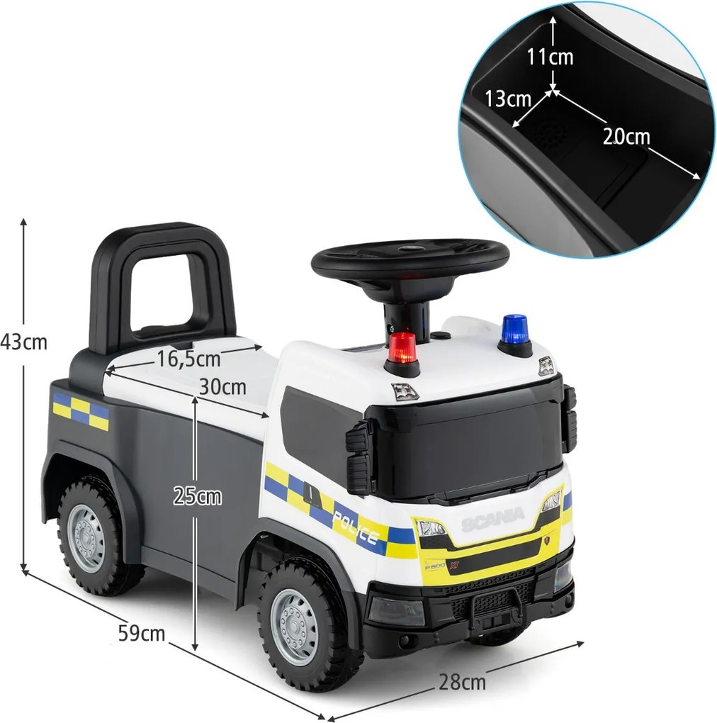 Andarilho Carro de bombeiros 59 x 28 x 43 cm com volante Luzes Sirenes Buzina e música para pisar Branco